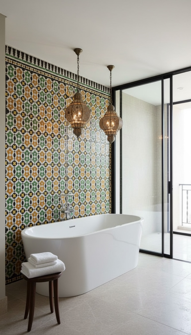 Moroccan Taza Crown tile by Justmorocco featuring intricate geometric patterns in vibrant colors on a ceramic surface.