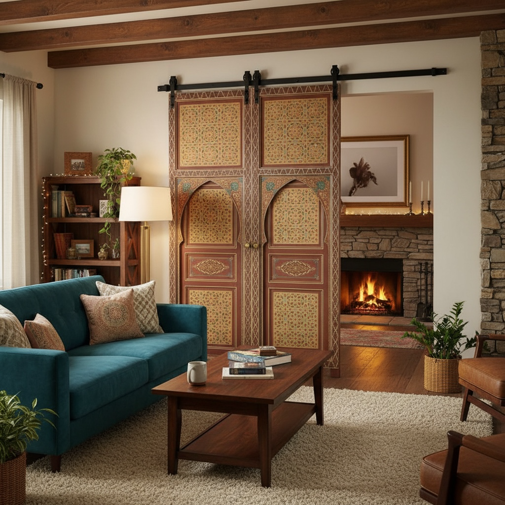 Cozy living room with teal sofa, wooden coffee table, and decorative Moroccan fez sliding doors.