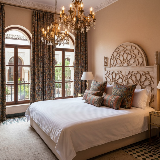 Luxurious bedroom with a large bed, decorative headboard, and chandelier.