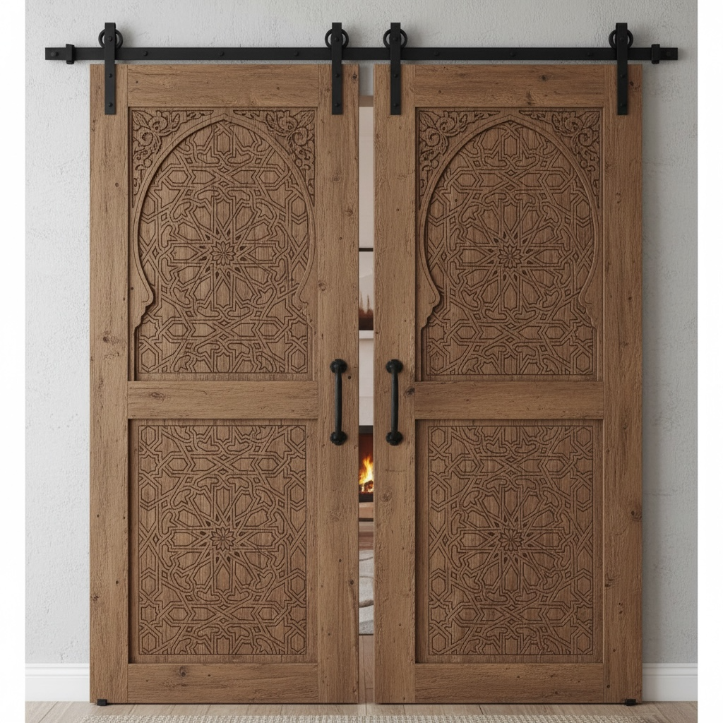 Wooden Moroccan sliding doors with intricate carvings in a room with a fireplace.