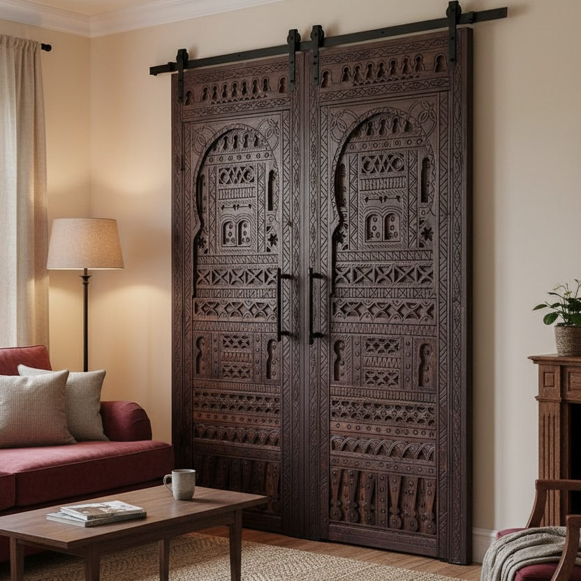 Decorative wooden African sliding door in a living room setting with furniture and decor.