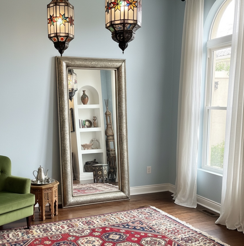 Living room with a green armchair, decorative large Moroccan mirror, and stained glass pendant lights.