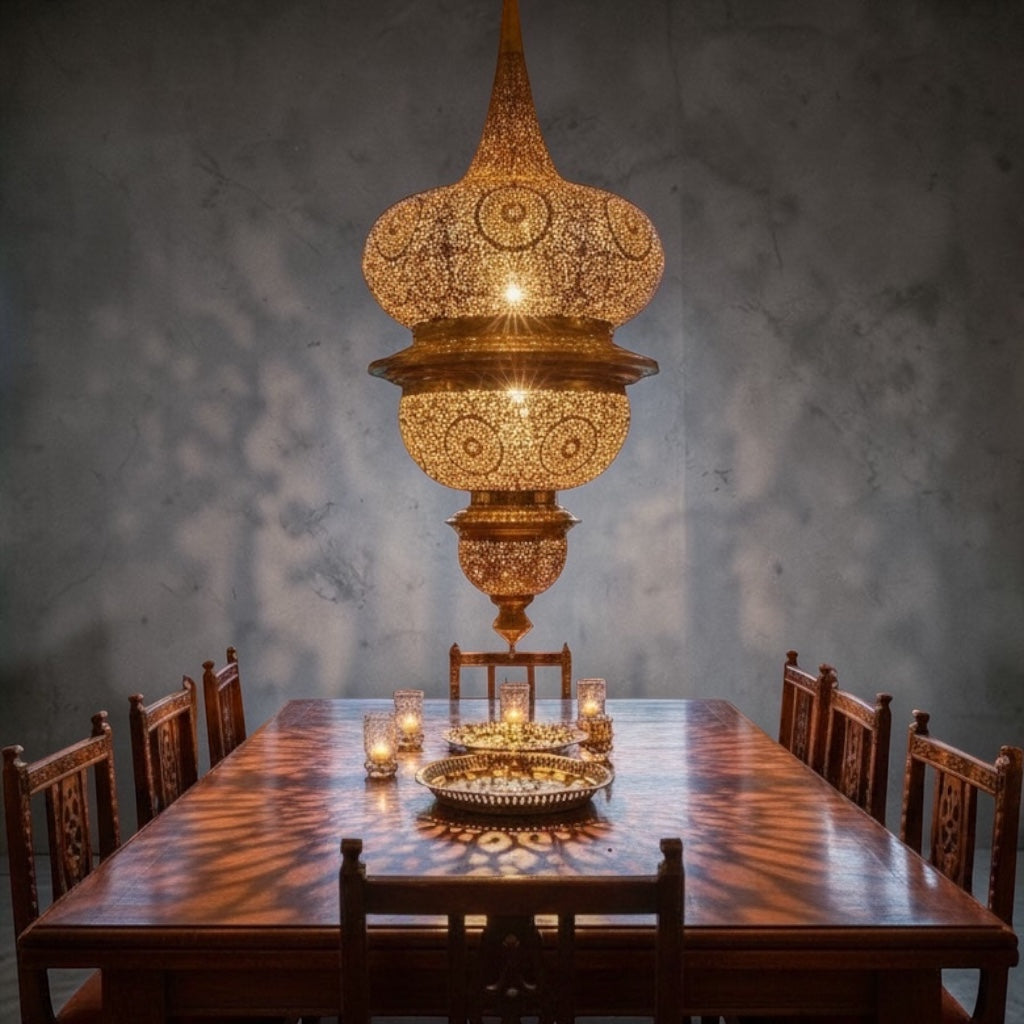 Large brass Moroccan lantern chandelier by Justmorocco with intricate detailing, perfect for elegant interior or outdoor decor.