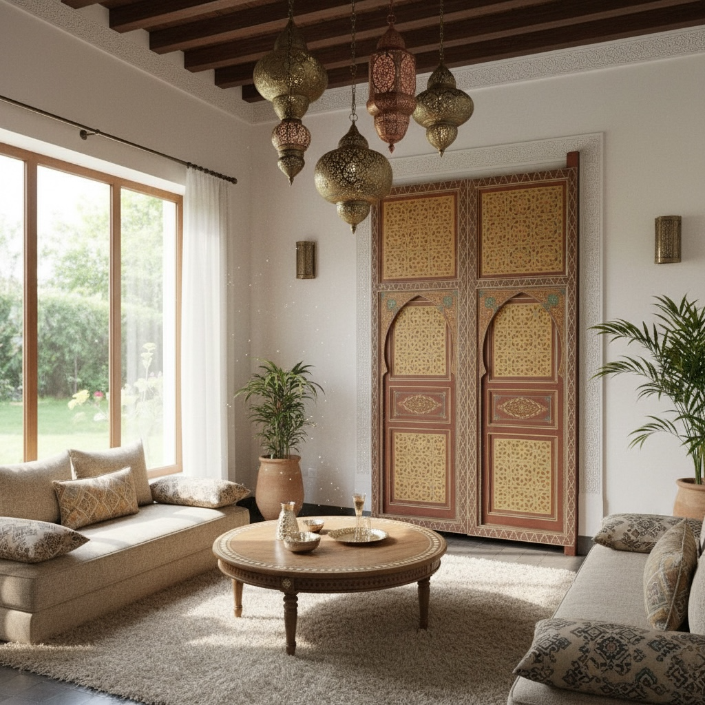 Living room  extra large moorish sliding door panel with decorative lanterns, a large cabinet, and a round coffee table.
