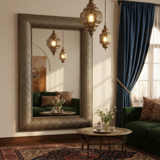 Decorative Moroccan mirror with ornate frame in a living room setting with lamps and a sofa.