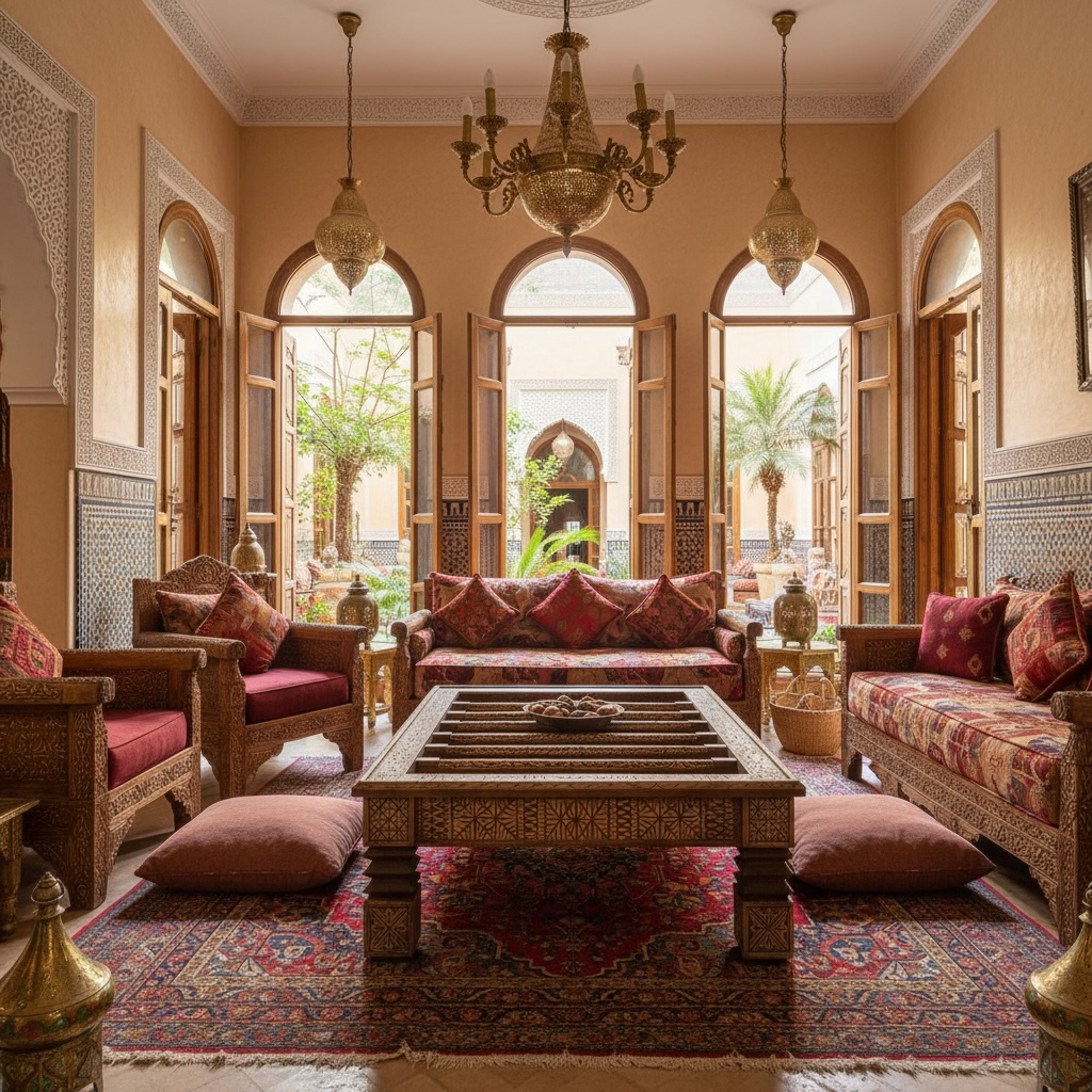 Ornate living room with traditional furniture and large thick Moroccan wooden table