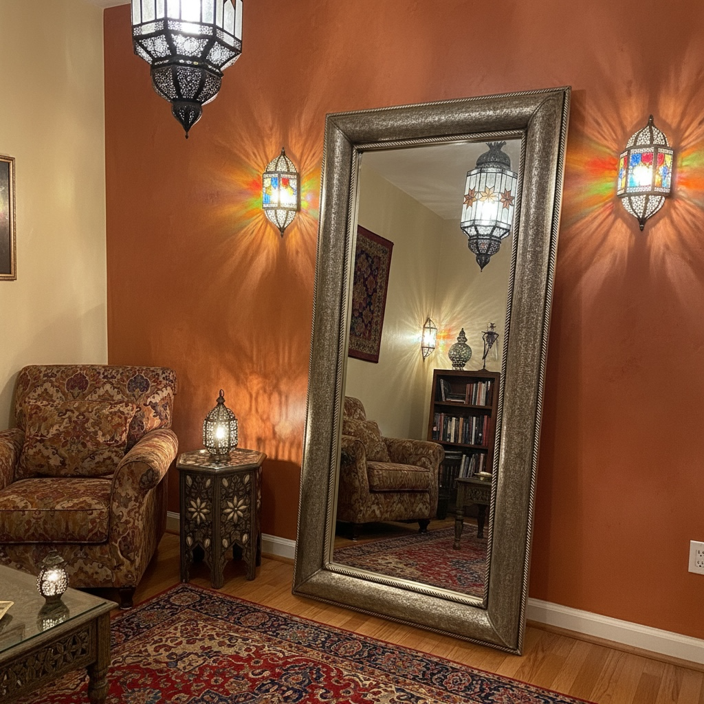 Living room with a large ornate Moroccan mirror, armchair, and decorative lights.