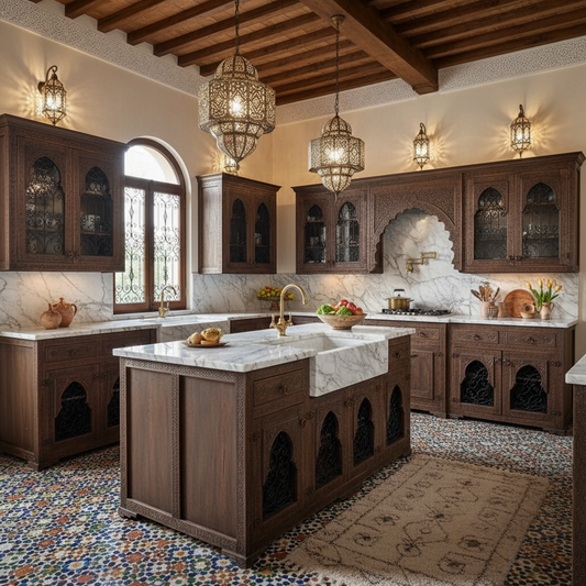 Luxurious Moroccan kitchen with wooden cabinets, marble island, and decorative lighting.