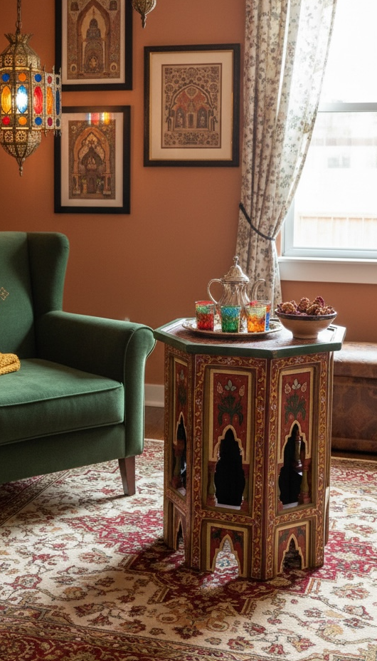 Decorative side table with a teapot and cups in a room with a green sofa and patterned rug.