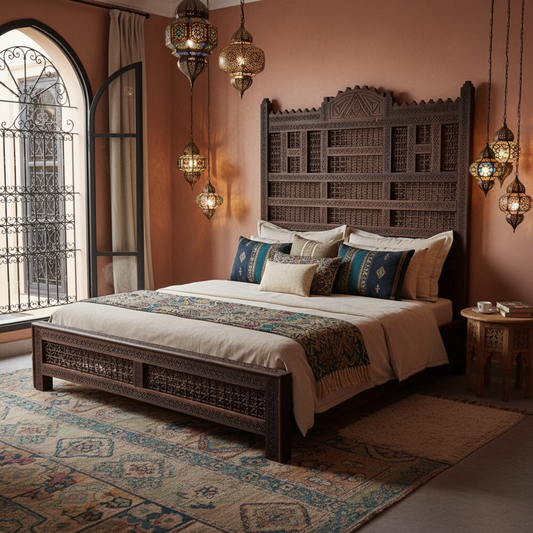 Decorative bedroom with ornate wooden bed, patterned rug, and hanging lanterns.