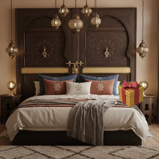 Decorative bedroom with moorish ornate headboard, hanging lanterns, and a gift box.