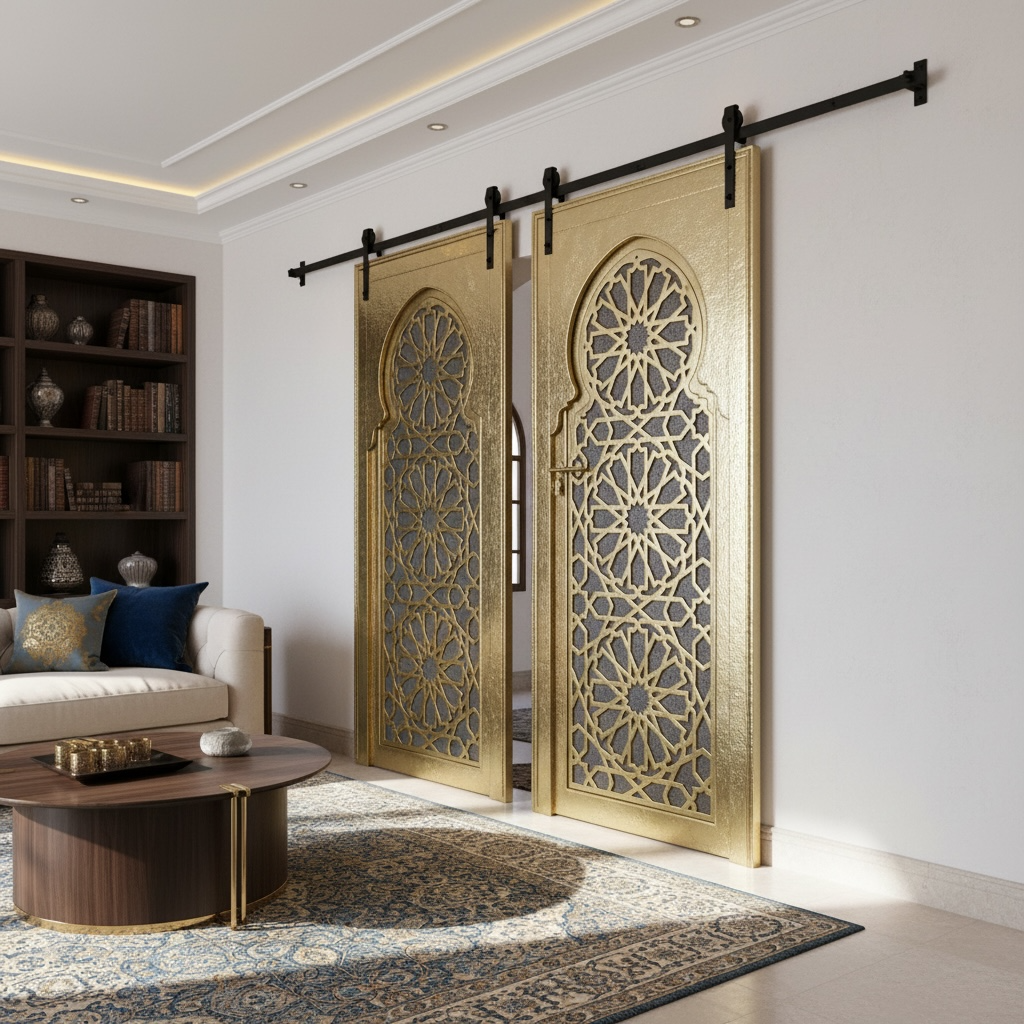 Decorative moorish sliding doors with intricate patterns in a modern living room.