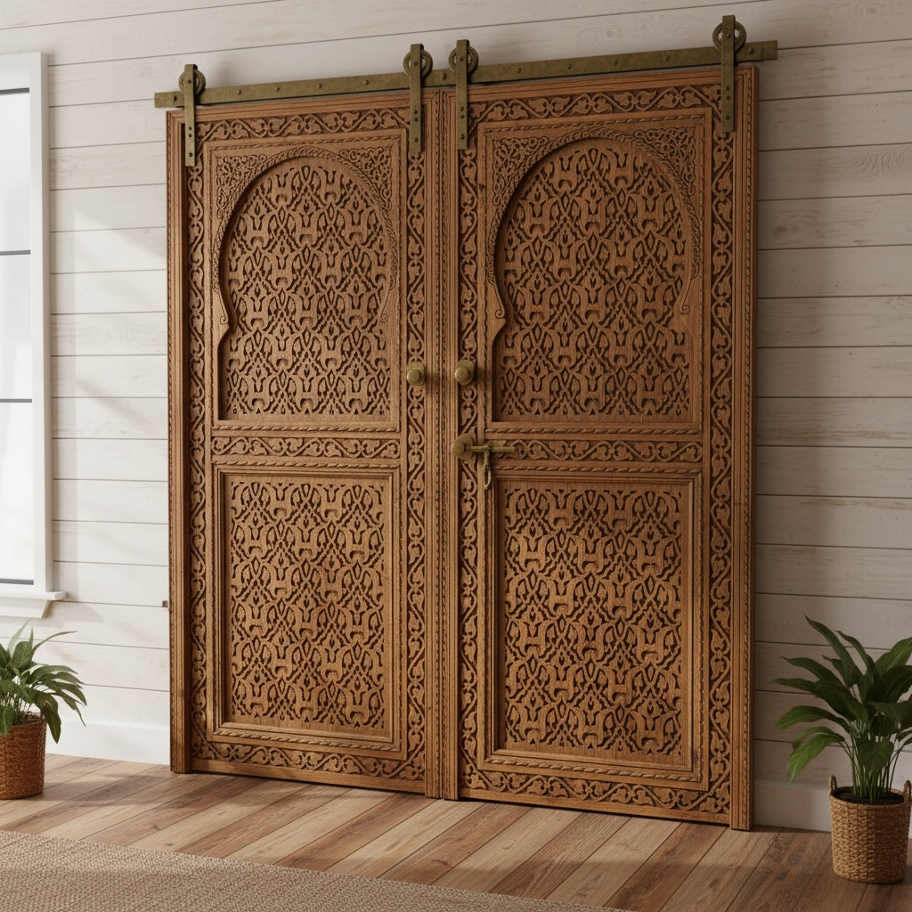 Decorative moorish wooden sliding doors with intricate patterns in a room with plants and a window.
