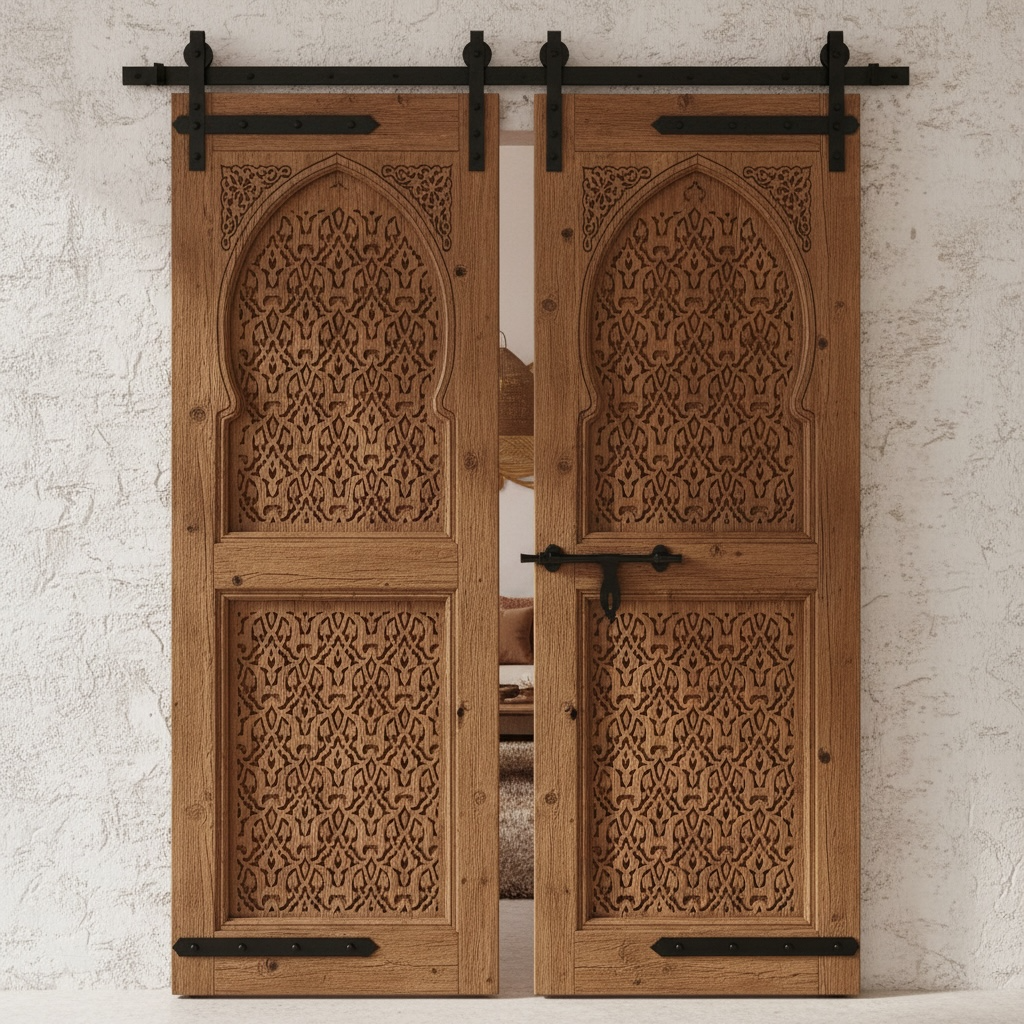 Wooden moorish sliding doors with intricate patterns on a textured wall background