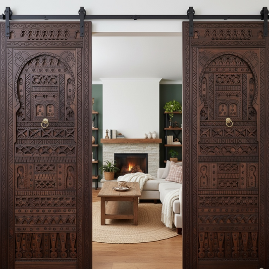 Decorative Moroccan wooden sliding doors in a living room setting