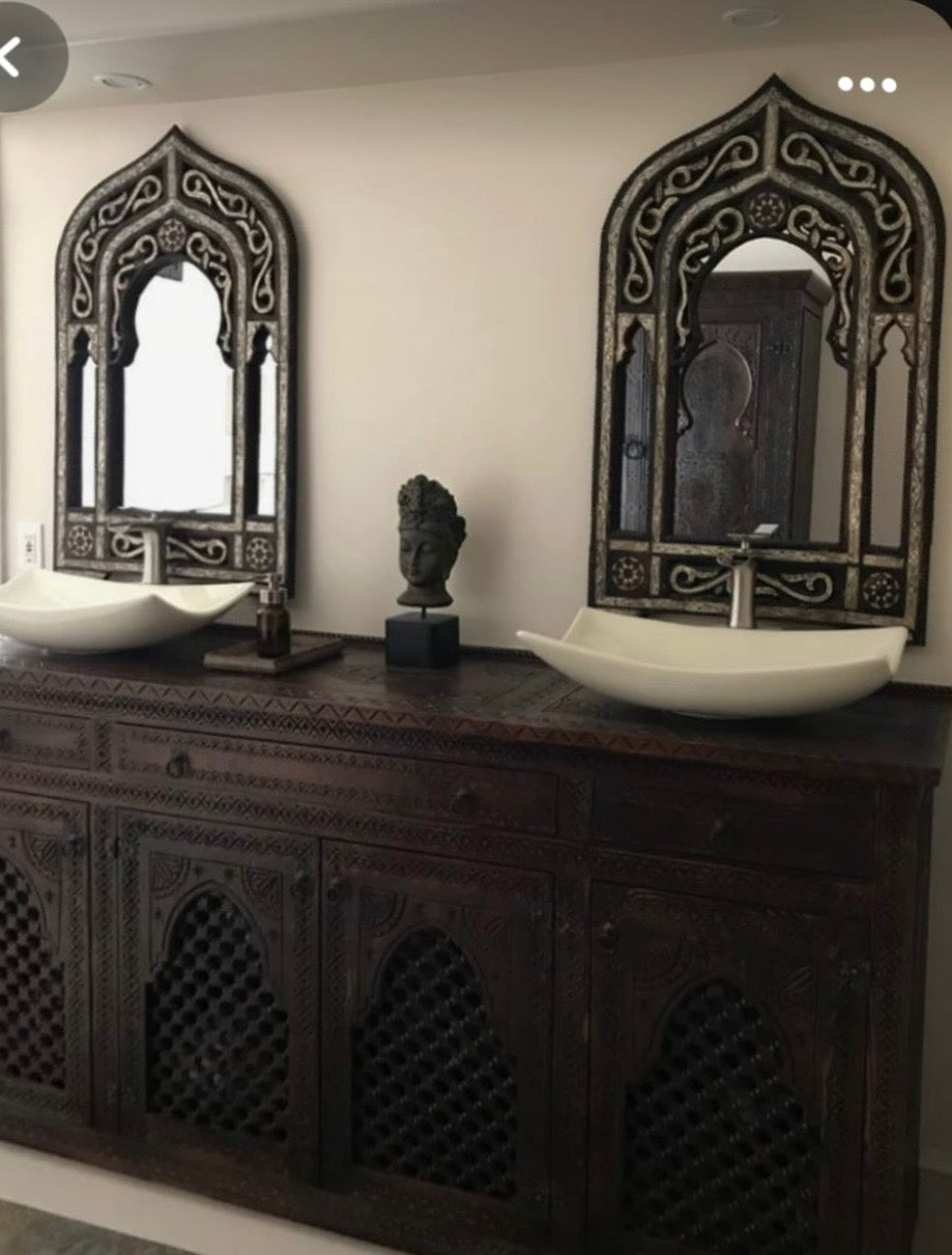 Moroccan Vanity with two decorative mirrors and bowl sinks.