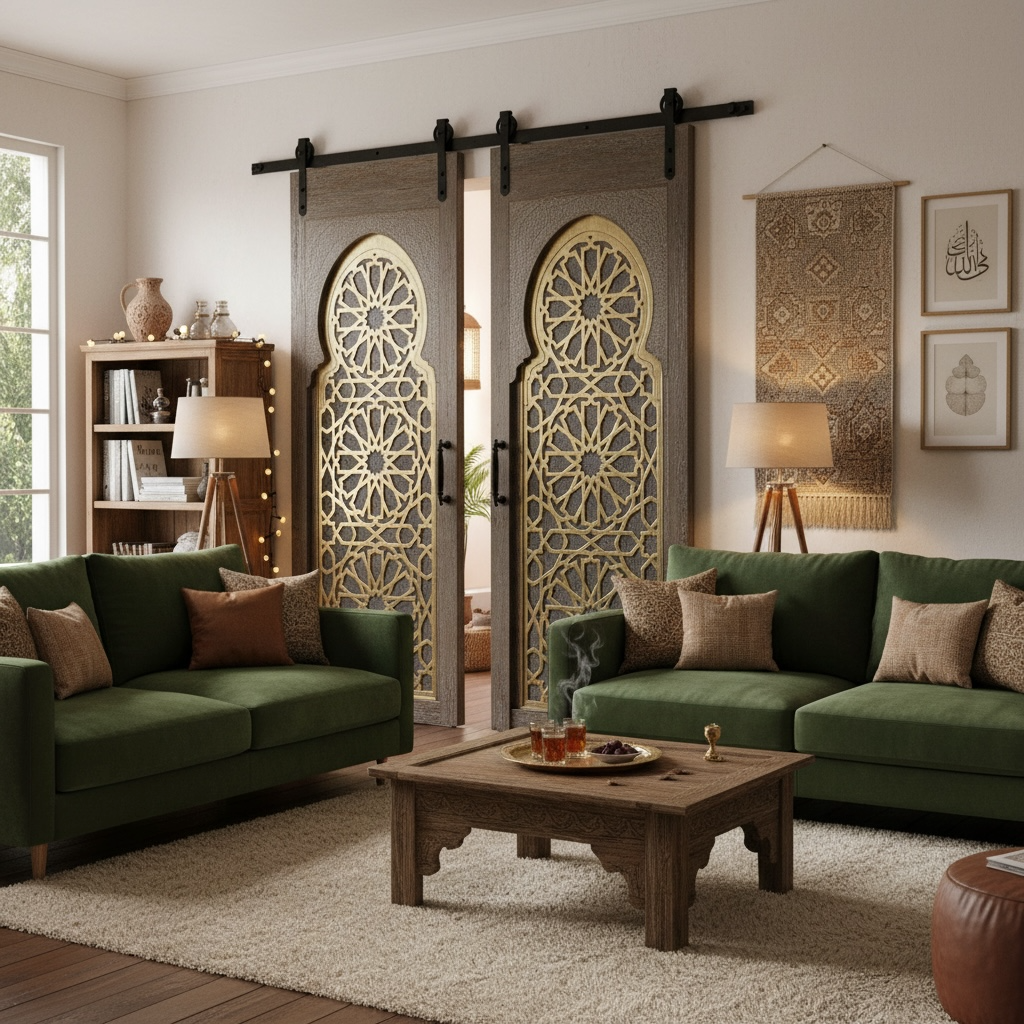 Living room with green sofas, wooden coffee table, and decorative Moroccan sliding doors.