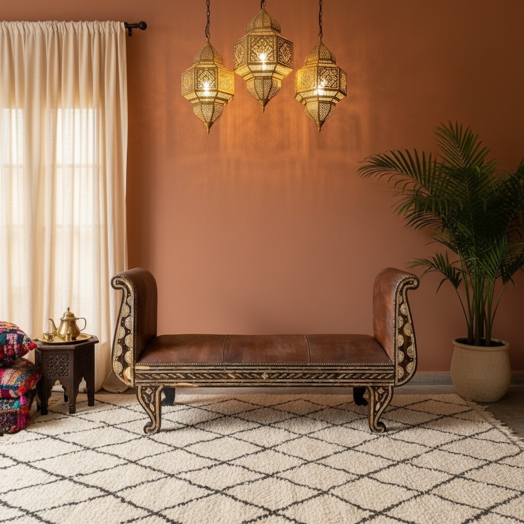 Decorative room with a Moroccan brown leather bench, ornate hanging lights, and a plant.