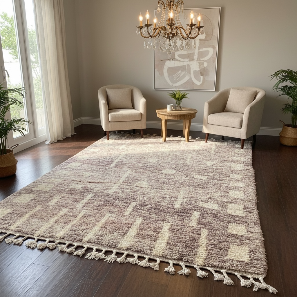Living room with a Moroccan patterned rug, armchairs, and a chandelier.