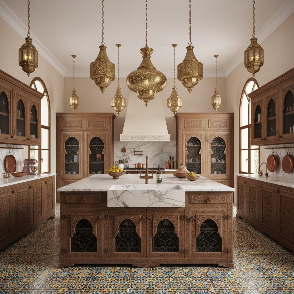 Luxurious Moroccan kitchen with wooden cabinets, marble island, and ornate pendant lights.
