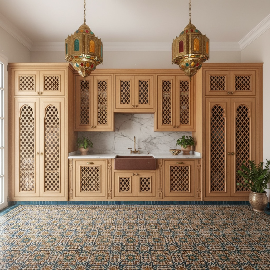 Decorative kitchen with wooden cabinets, marble countertop, and patterned floor.