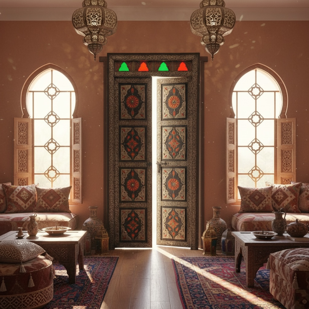 Decorative interior with ornate moroccan doors, lanterns, and patterned furniture.