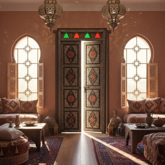Decorative interior with ornate moroccan doors, lanterns, and patterned furniture.
