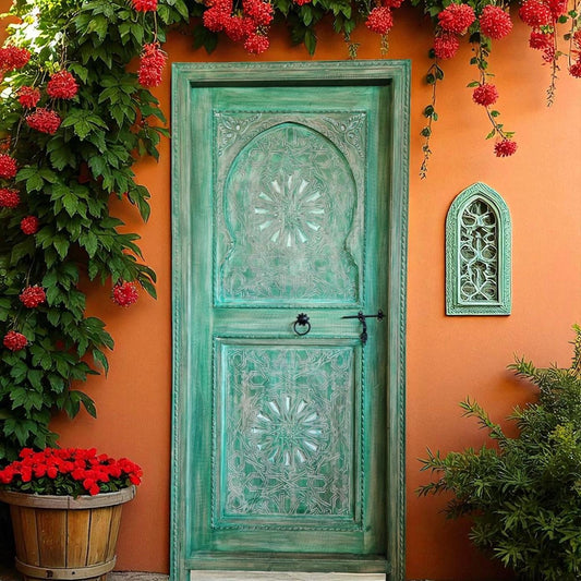 Decorative green door with floral and plant elements on an orange wall