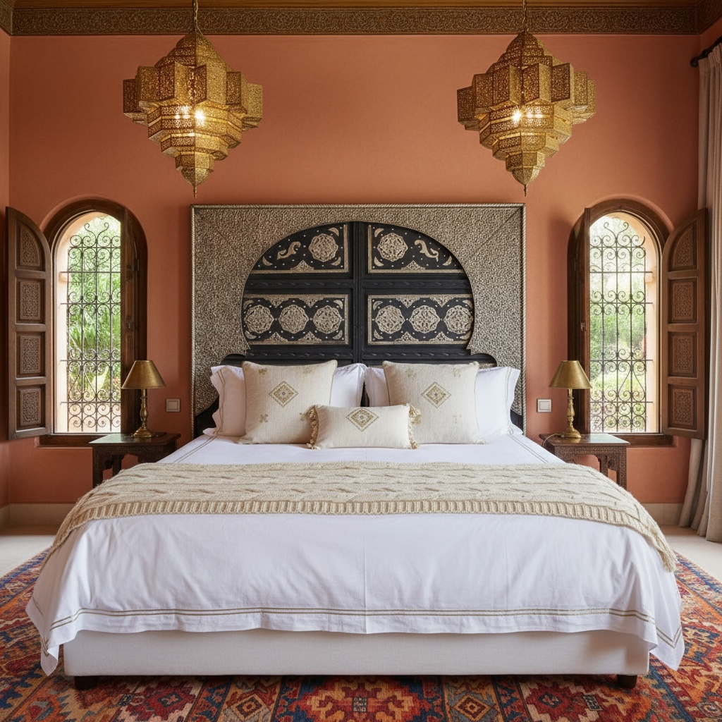 Luxurious bedroom with ornate Moroccan headboard, gold chandeliers, and patterned rug.