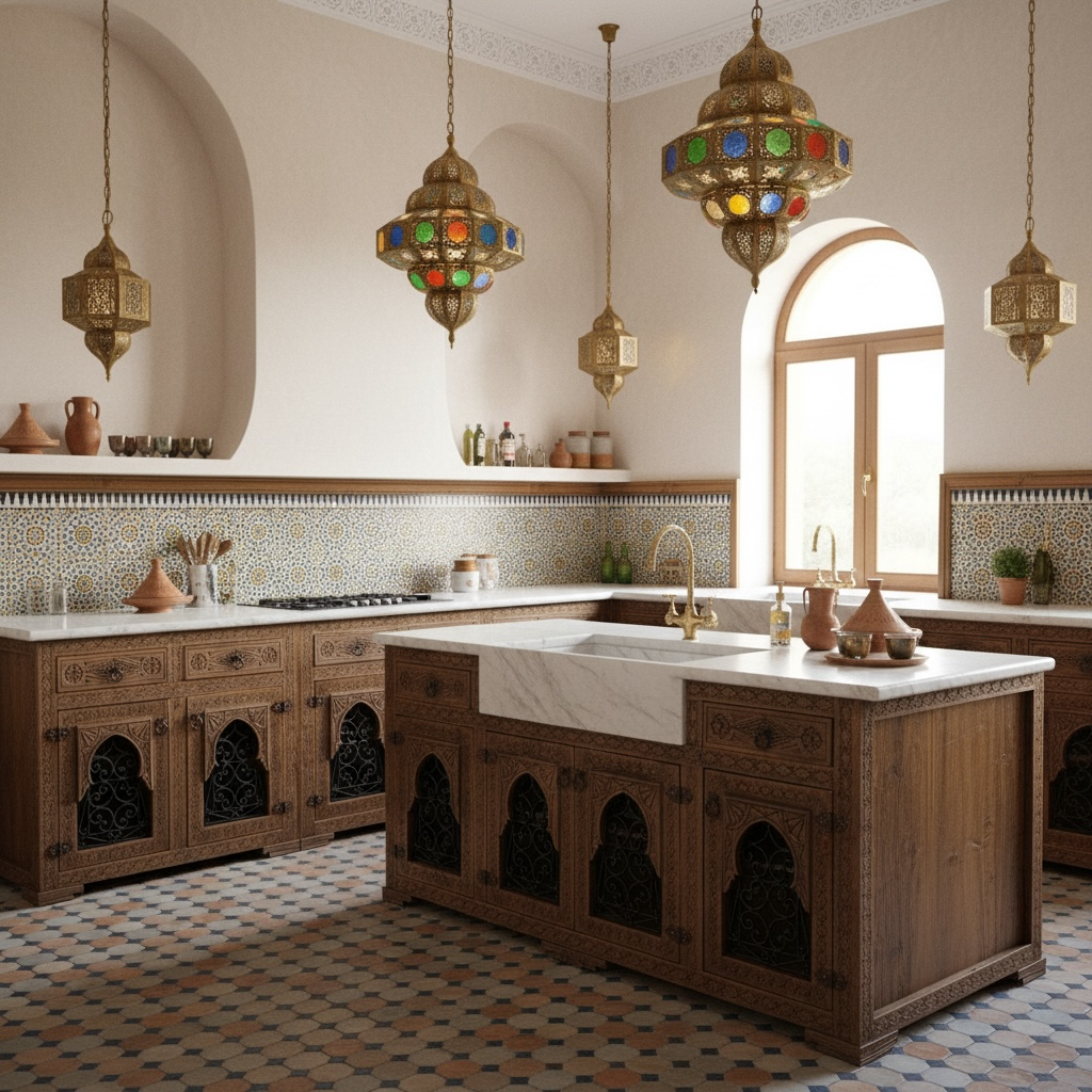 Decorative Moroccan kitchen cabinets with wooden island, pendant lights, and patterned floor.