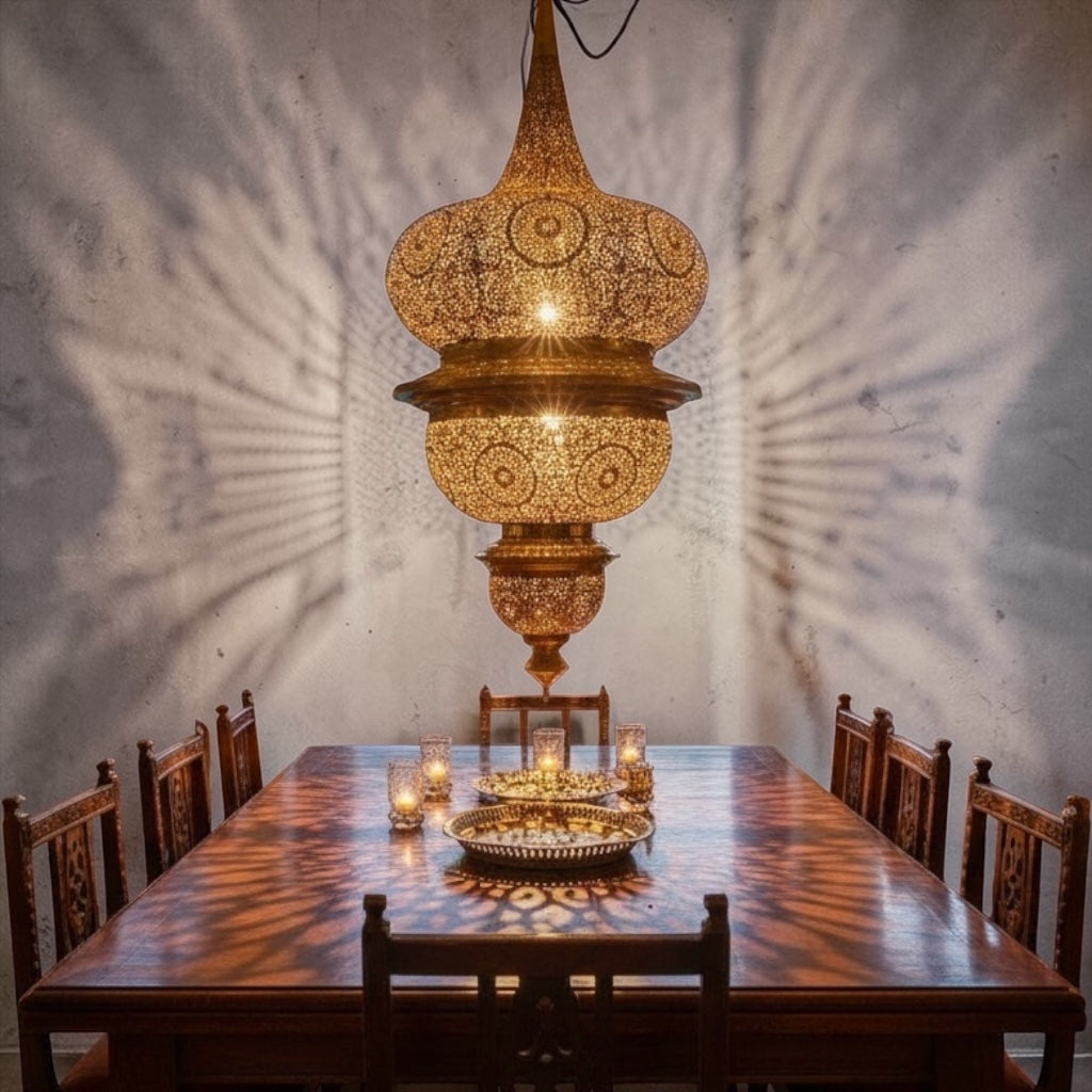 Large Moroccan brass chandelier by Justmorocco, ornate Moroccan lantern with intricate design and hanging chains for elegant lighting.