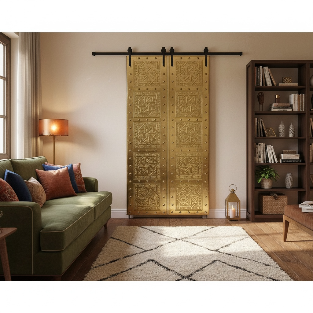 Living room with a decorative sliding door, green sofa, and a large brass Moroccan door