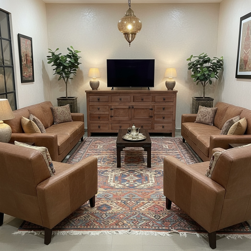 Living room with brown sofas, wooden cabinet, and decorative elements.