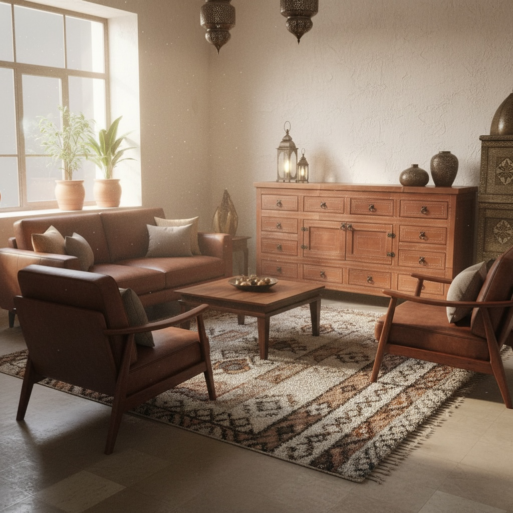Cozy living room with wooden furniture and decorative items.