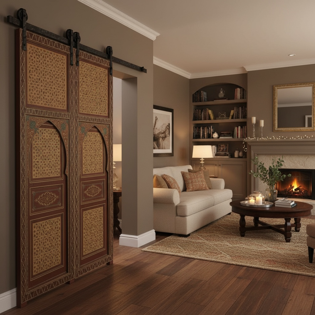 Living room with decorative moorish sliding doors and a cozy fireplace.