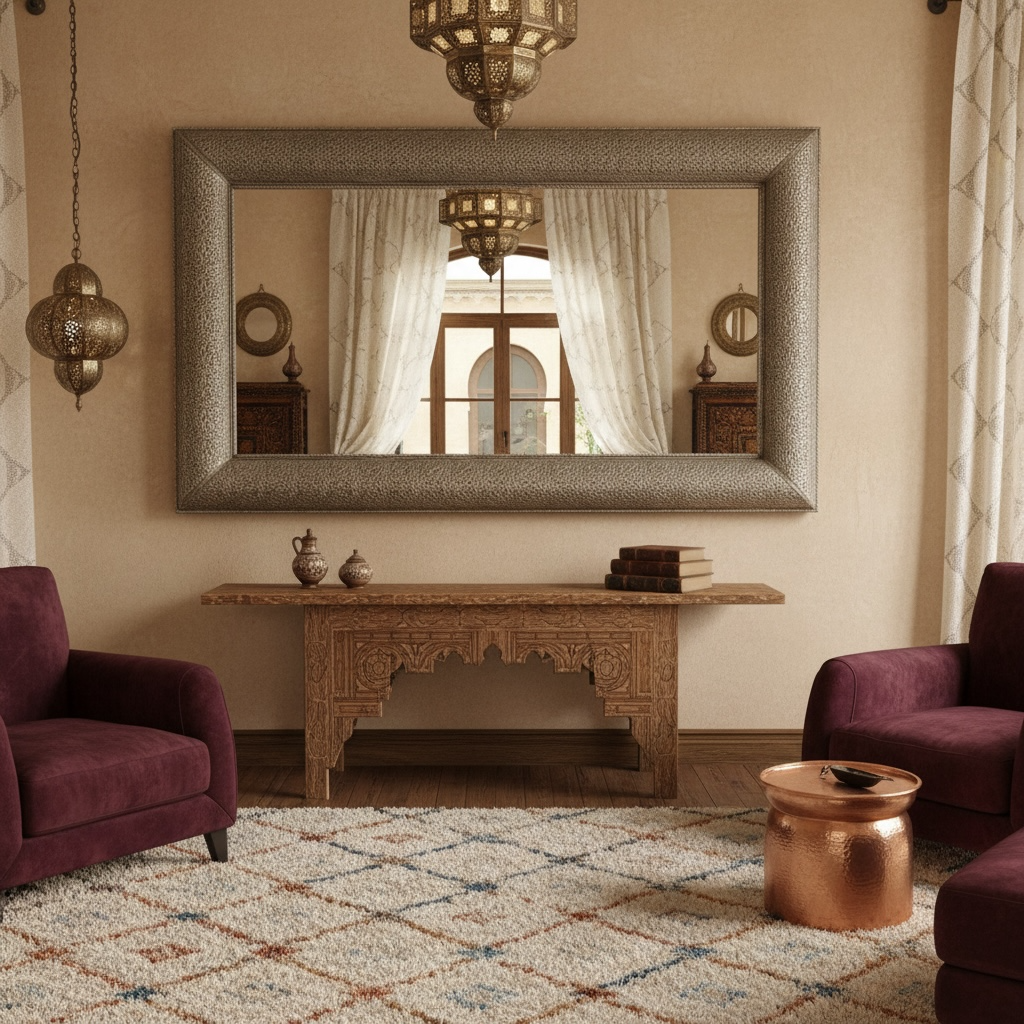 Decorative living room with a large Moroccan mirror, ornate table, and purple chairs.