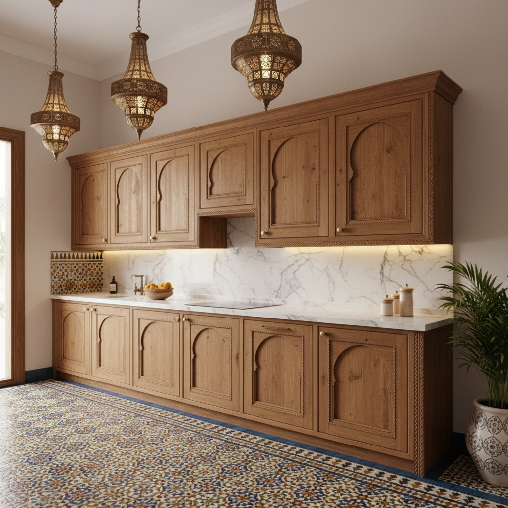 Moroccan Modern kitchen with wooden cabinets, marble backsplash, and decorative pendant lights.