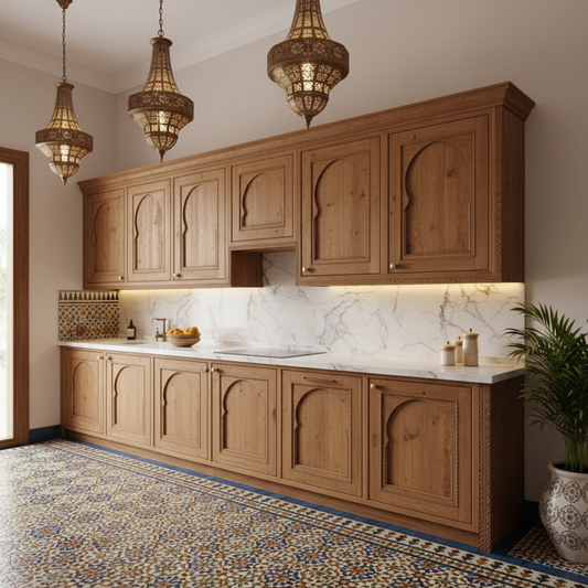 Moroccan Modern kitchen with wooden cabinets, marble backsplash, and decorative pendant lights.