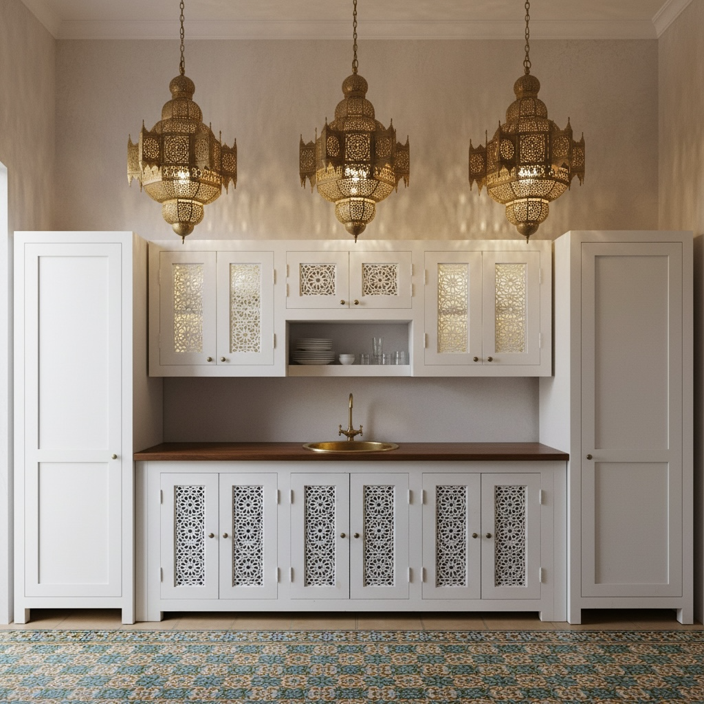 Moroccan Modern kitchen with white cabinets, wooden countertop, and decorative hanging lights.
