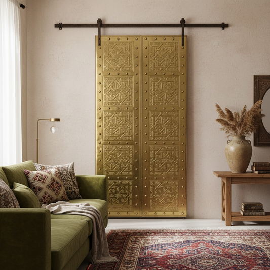 Living room with a green sofa, decorative pillows, and a Moroccan gold ornate door.