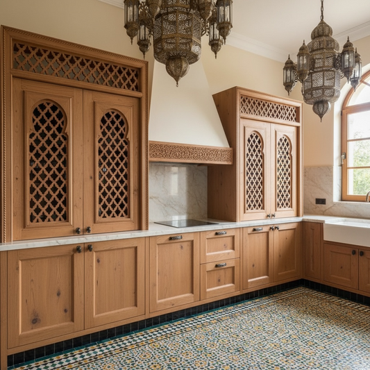 Moroccan Kitchen with wooden cabinets, decorative lighting, and a patterned floor.