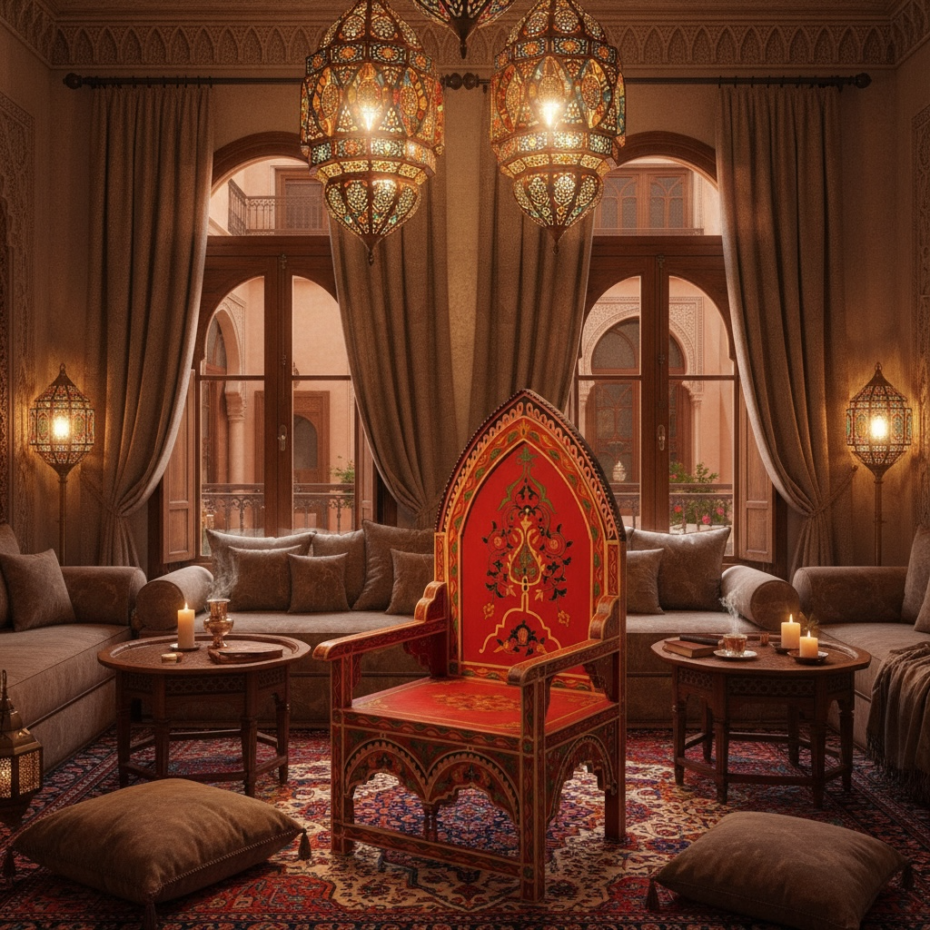 Decorative interior with ornate chair, hanging lights, and patterned rug.