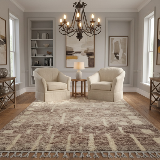 Living room with two beige armchairs, a Moroccan patterned rug, and a chandelier.