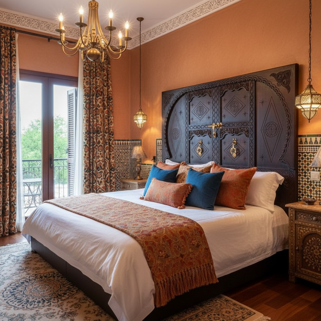 Luxurious bedroom with ornate headboard and decorative pillows.