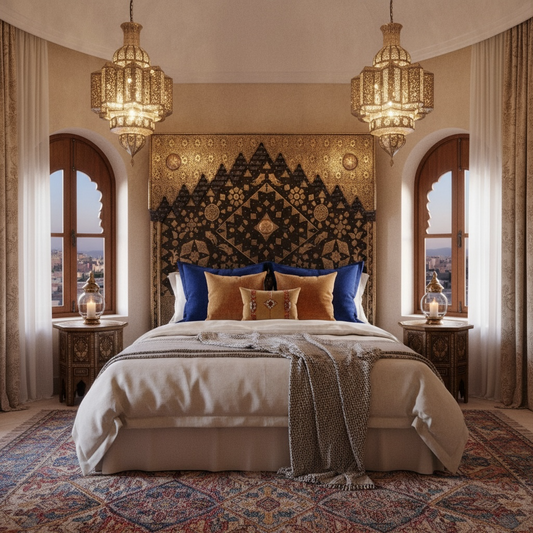 Luxurious bedroom with ornate headboard, decorative pillows, and hanging lights.