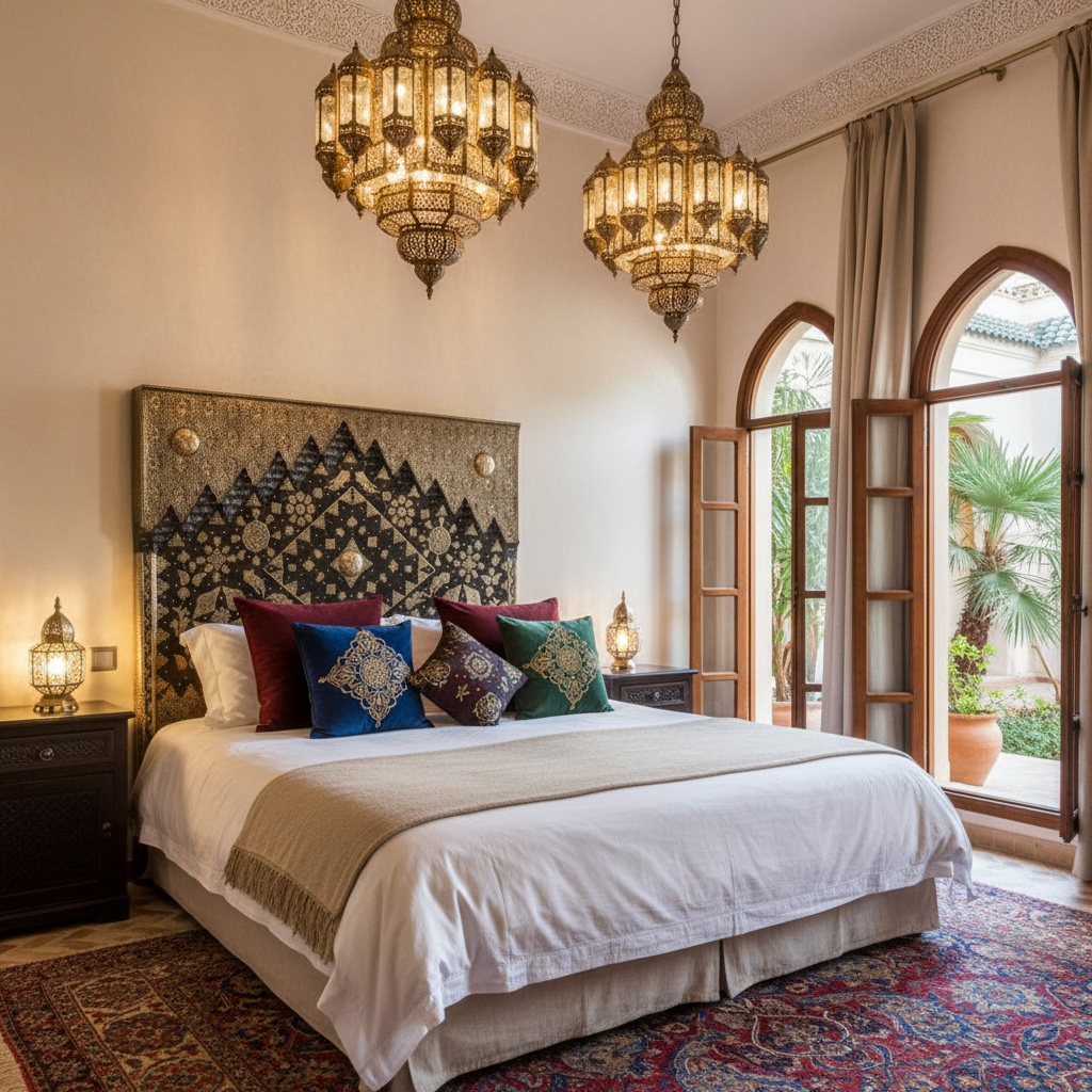 Luxurious bedroom with ornate headboard, decorative pillows, and hanging lanterns.
