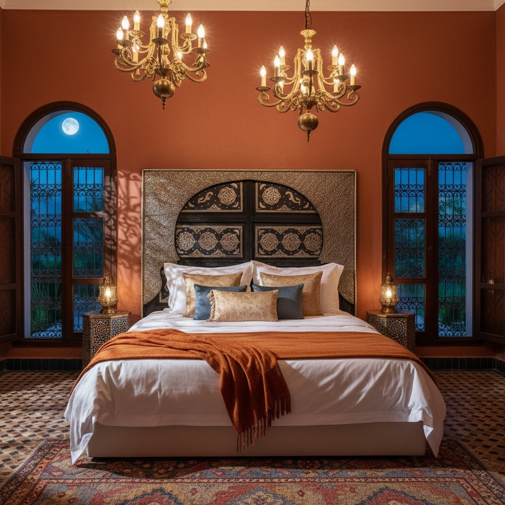 Luxurious bedroom with ornate Moroccan bed, chandeliers, and decorative pillows.