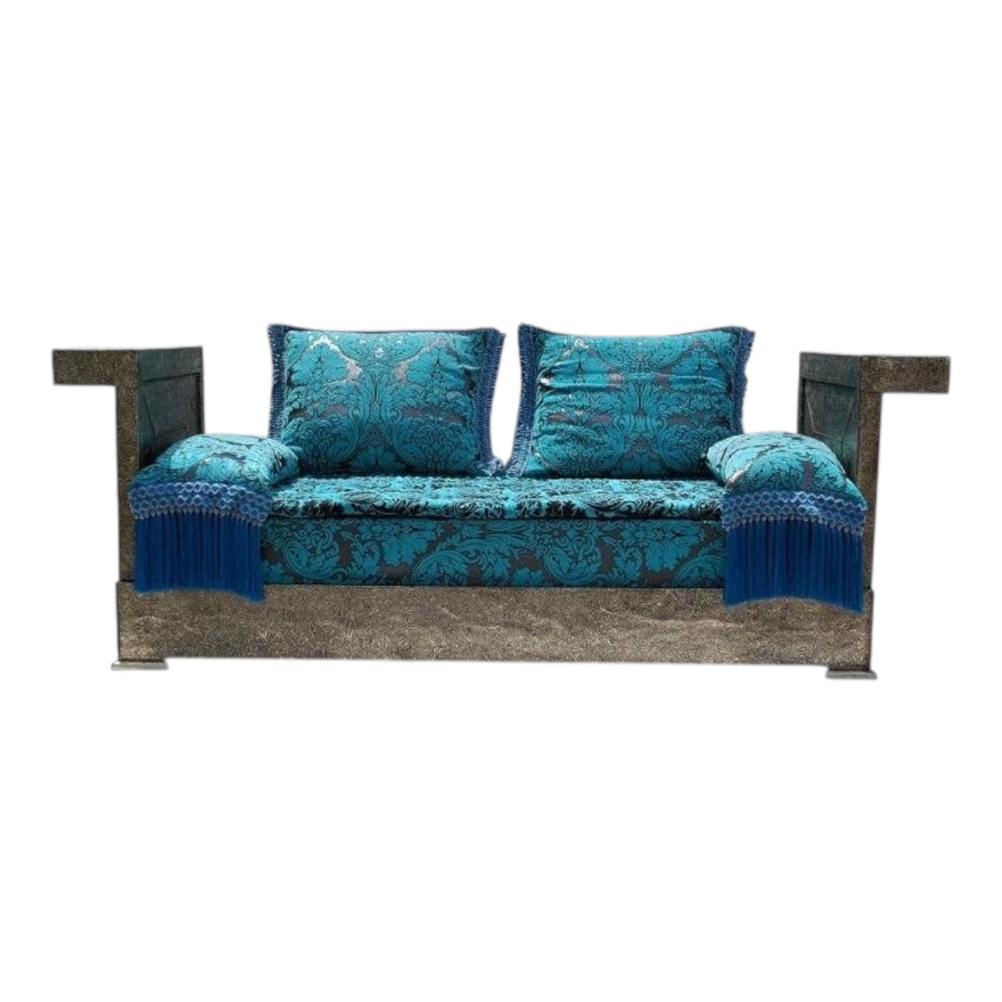 Teal patterned Moroccan sofa with wooden frame on a white background