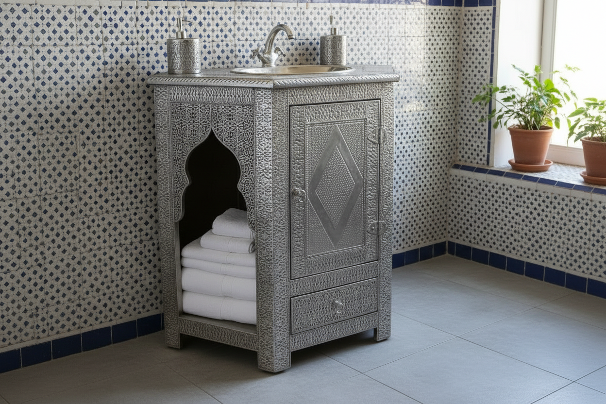 Decorative bathroom vanity with mosaic tiles and plants on a windowsill.
