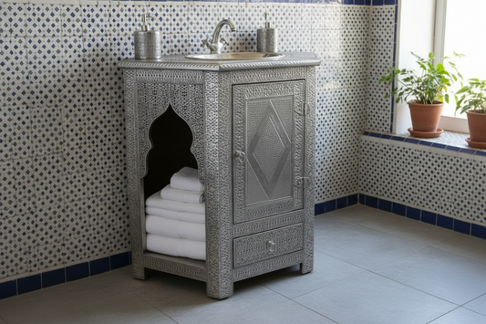 Decorative bathroom vanity with mosaic tiles and plants on a windowsill.